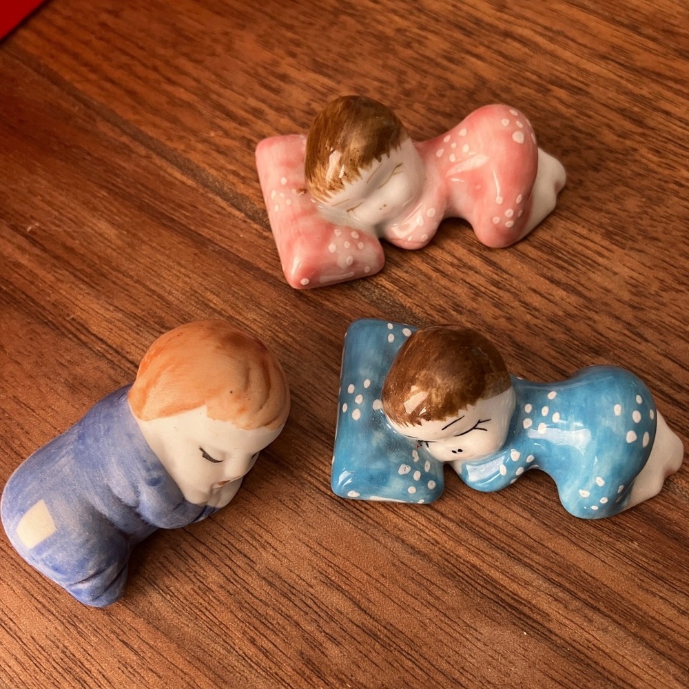 Vintage Miniature Porcelain Sleeping Baby Figurines Lot 3 Hand Painted Thailand